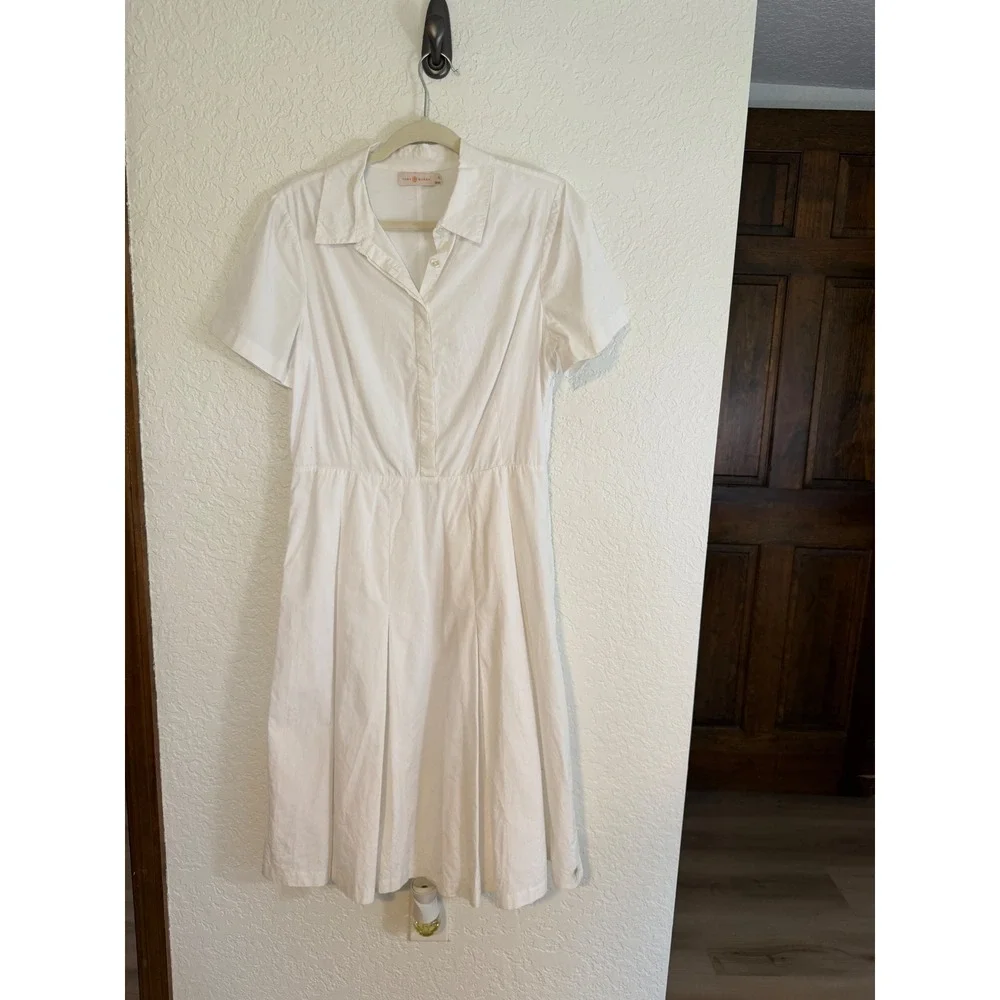 Tory Burch Pleated Shirtdress White 12 Cotton Short Sleeve 51131472 Classic